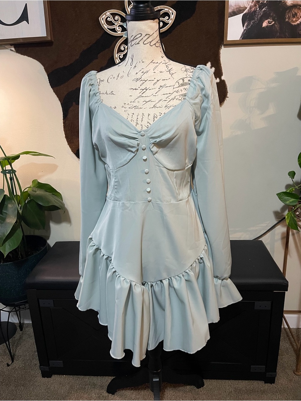 SHEIN Sage Green Long-Sleeve Ruffle Mini Dress